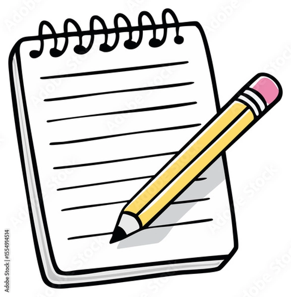 Fototapeta Lined notepad and pencil clipart illustration, isolated 