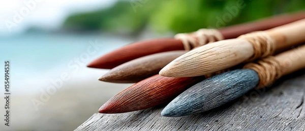 Obraz Close-up of traditional paintbrushes with wooden handles resting on a wooden surface, blurred natural background with greenery and water.