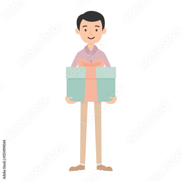 Obraz Minimalist character holding gift box wrapped with soft peach ribbon