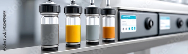 Obraz Four spice jars with different seasonings (black, yellow, white, and orange) lined up on a modern kitchen stove shelf.