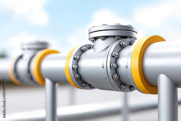 Obraz Close-up of a metallic pipeline with bolts and yellow joints, set against a blurred sky background.