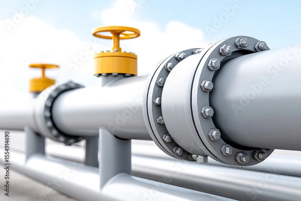 Obraz Close-up of industrial grey pipelines with yellow valve handles, highlighting metal joints and bolts under a clear sky.