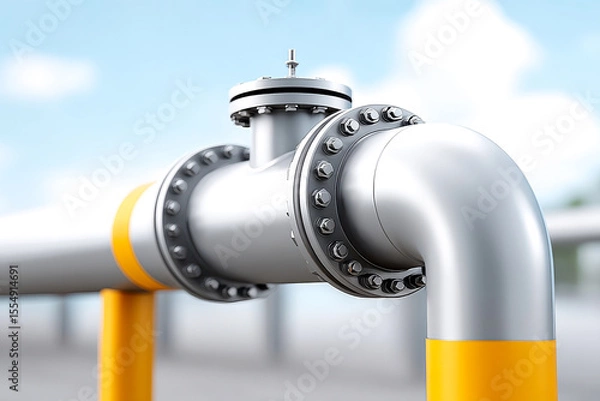 Obraz Close-up of a metallic industrial pipeline with bolts and a valve, set against a blurred sky background.