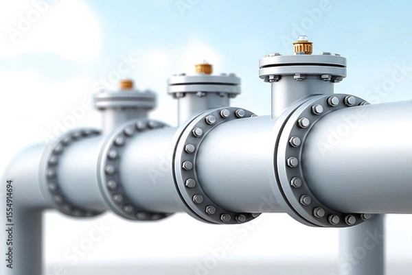 Obraz A row of large industrial metal pipes with bolted flanges and valve caps under a clear sky.