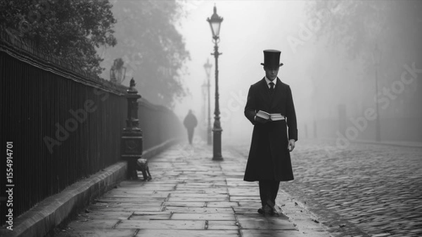 Fototapeta A foggy alleyway at night with a lone figure disappearing into the mist faint streetlight casting long shadows suspenseful atmosphere real photo stock photography