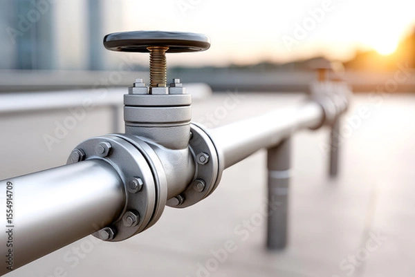 Obraz A close-up of a metallic valve on a horizontal pipeline, with bolts and a black handwheel, set against a blurred background with warm sunlight.