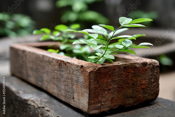 Obraz Small green plants growing in a rustic wooden planter box, showcasing fresh growth and natural texture.