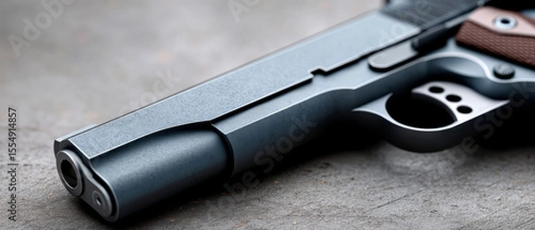 Obraz Close-up image of a handgun placed on a textured surface, showcasing the barrel and trigger area with a focus on the metallic details.