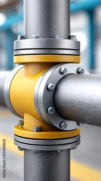 Obraz Close-up of industrial metal pipes connected by a yellow joint flange with bolts in a factory setting.