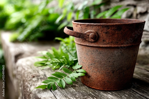 Obraz A rusty metal bucket sits on a weathered wooden surface with green fern leaves nearby, set against a soft green natural background.