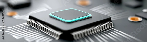 Obraz A close-up of a microchip on a circuit board with fine metallic connections and a glowing blue-green edge.