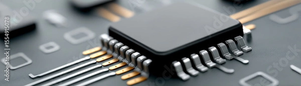 Obraz Close-up of a black microchip mounted on a circuit board with visible metallic connections and electronic pathways.