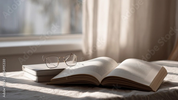 Fototapeta A peaceful home office setup featuring an open nonfiction book and eyeglasses on a minimalist desk by the window