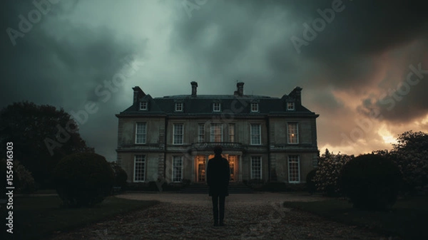 Fototapeta A person standing in front of an old mansion during a thunderstorm with dark clouds swirling above and ominous tension real photo stock photography