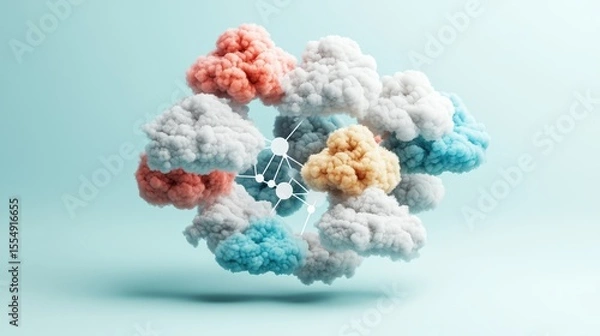 Fototapeta Abstract cloud formation with colorful smoke plumes and molecular structure representation on pastel background
