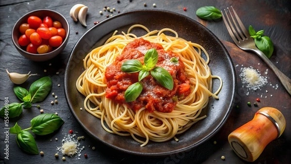Fototapeta Rustic Plate Of Spaghetti With Tomato Sauce And Fresh Herbs