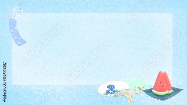 Obraz 涼しげな風鈴・うちわ・スイカの夏イメージ背景イラスト