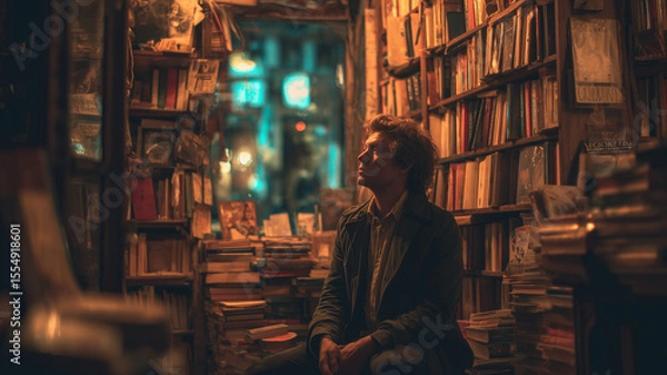 Fototapeta A thoughtful writer immersed in solitude within a cozy bookstore corner filled with nonfiction and essay books