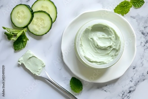Fototapeta Applying Facial Cream with Cucumber and Mint for Skincare Treatment
