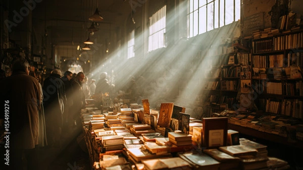 Fototapeta A vintage bookstore with scattered open novels and sunbeams filtering through dusty windows cozy atmosphere people browsing shelves real photo stock photography