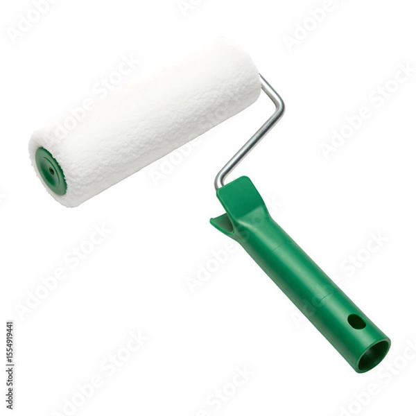 Obraz Essential Painting Tool – Clean New Paint Roller with Fluffy White Cover and Comfortable Green Handle, Isolated on White or Transparent Background