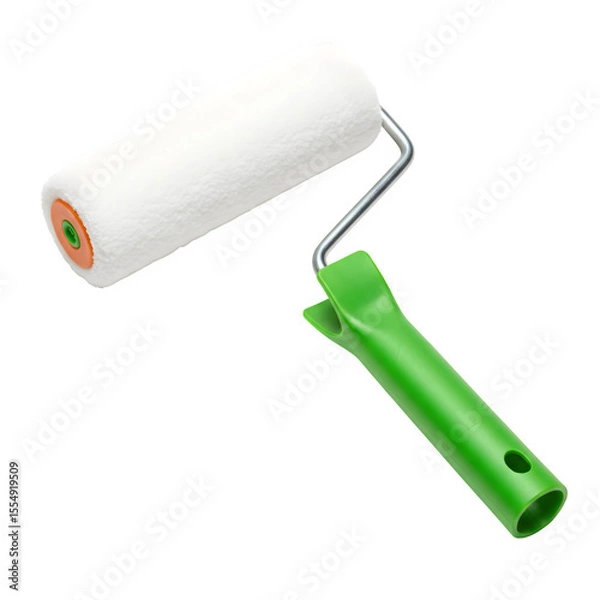 Obraz Essential Painting Tool – Clean New Paint Roller with Fluffy White Cover and Comfortable Green Handle, Isolated on White or Transparent Background