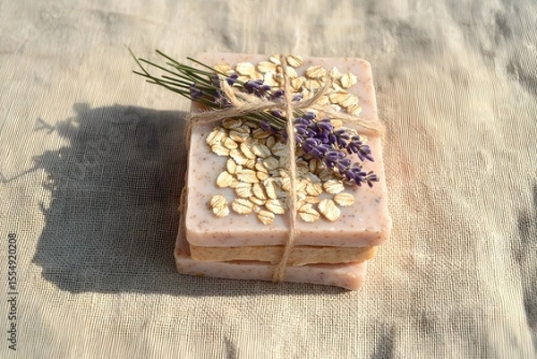 Fototapeta Handmade Oatmeal Soap with Lavender Tied with Twine on Linen