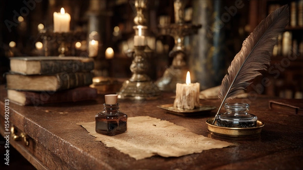 Fototapeta An old wooden desk with quill inkwell and aged parchment softly lit by a candle in a quiet library Victorian style real photo stock photography