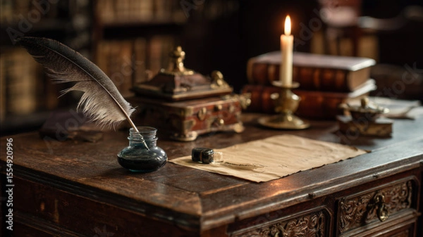 Fototapeta An old wooden desk with quill inkwell and aged parchment softly lit by a candle in a quiet library Victorian style real photo stock photography