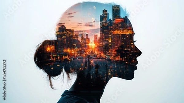 Fototapeta Urban cityscape silhouette of a woman's profile with sunset skyline reflecting technology and modern architecture