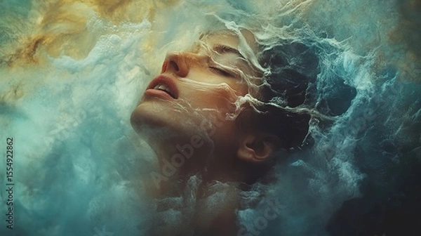 Fototapeta A surreal portrait of a woman"s face merging with swirling water and clouds, evoking a dreamlike and ethereal atmosphere.