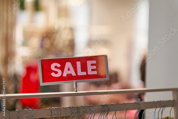 Obraz Schild mit der Aufschrift Sale an einem Kleiderständer in einem Geschäft für Bekleidung