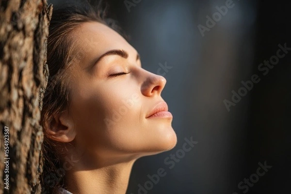 Fototapeta Meditative woman enjoying nature forest portrait tranquil environment close-up self-reflection