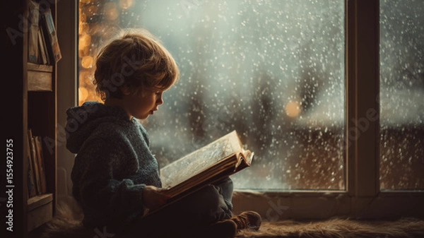 Fototapeta A child sitting by a window on a rainy afternoon reading a fantasy book with awe and imagination in their eyes cozy indoor atmosphere soft natural light