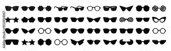 Obraz Vector set of sunglasses and eyeglasses icons. Includes silhouette illustrations of eyewear such as retro spectacles, geek glasses, and modern fashion frames. Isolated on white background.
