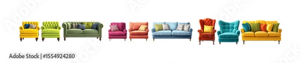 Obraz Vibrant Sofa Collection Stylish Couches  Armchairs in Bold Colors set white Background against transparent Background