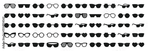 Obraz Vector set of sunglasses and eyeglasses icons. Includes silhouette illustrations of eyewear such as retro spectacles, geek glasses, and modern fashion frames. Isolated on white background.