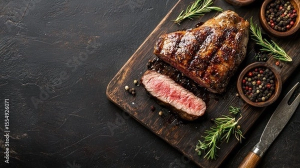 Fototapeta A grilled steak with a slice cut off, garnished with rosemary and peppercorns, on a wooden cutting board with a knife and rosemary sprigs.