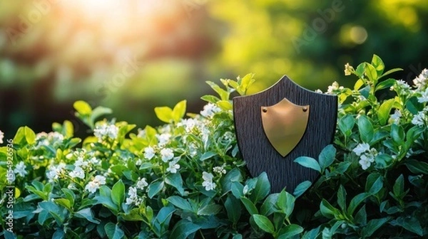 Fototapeta A wooden shield with a gold emblem sits atop a lush green hedge with white flowers in a garden setting.