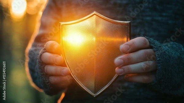 Fototapeta A person holding a golden shield with a golden sun shining through it.