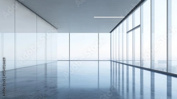 Fototapeta A spacious, modern office with large glass windows and a concrete floor.