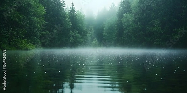 Fototapeta Serene Misty Lake Surrounded by Forest in Calm Rainy Weather