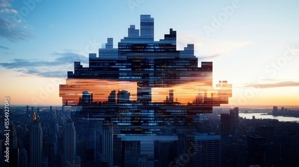 Fototapeta Abstract cityscape silhouette with layered mountains and bright sunset sky, modern urban skyline image