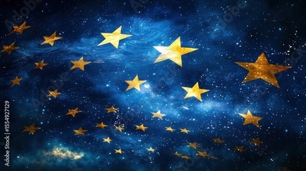 Fototapeta A starry night sky with golden stars against a dark blue background. The celestial theme captures the beauty of the universe.