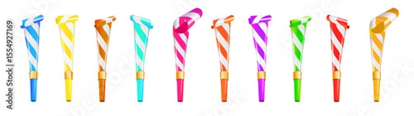 Obraz Color Party Blower Whistles Set of Celebration Happy Party. Realistic Detailed 3d. Vector