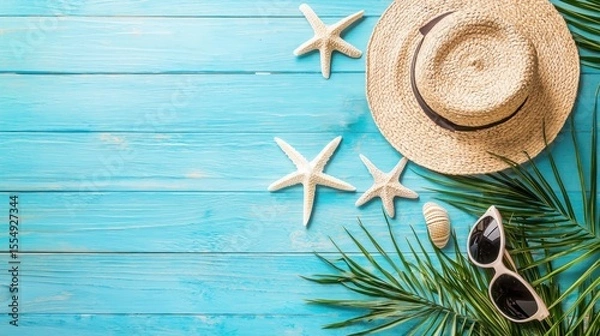 Fototapeta A straw hat, sunglasses, and palm leaves on a blue wooden background. The image features a casual summer outfit with a hat and sunglasses, and a tropical