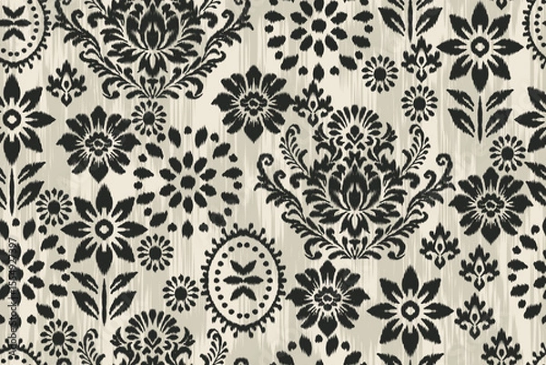 Obraz Ethnic Ikat Floral Damask Pattern with Embroidery Style in Traditional Seamless Fabric Design, Abstract Ornamental Illustration for Clothing Texture and Decorative Textile Background.