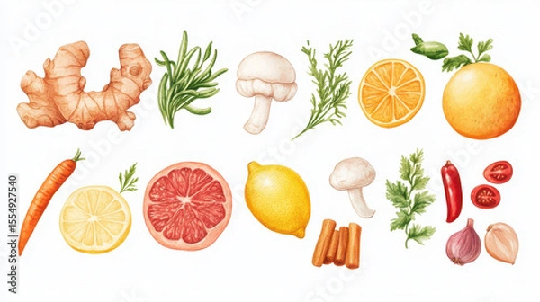 Fototapeta Arrangement of fresh organic fruits and vegetables including ginger carrot citrus lemon lemon ginger mushroom herbs chili garlic on white background