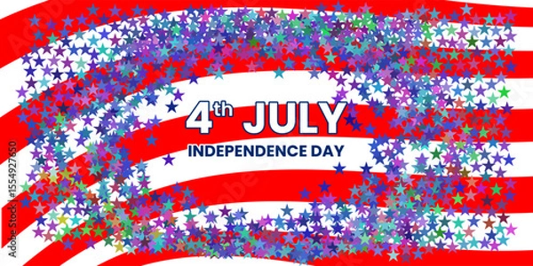 Fototapeta A vibrant 4th of July graphic with a US flag background and a cascade of colorful stars, celebrating Independence Day.

