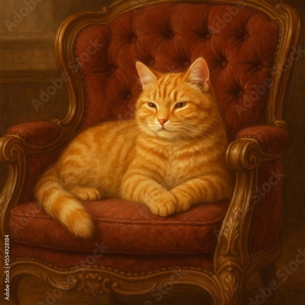Fototapeta orange tabby cat resting on an armchair AI generated